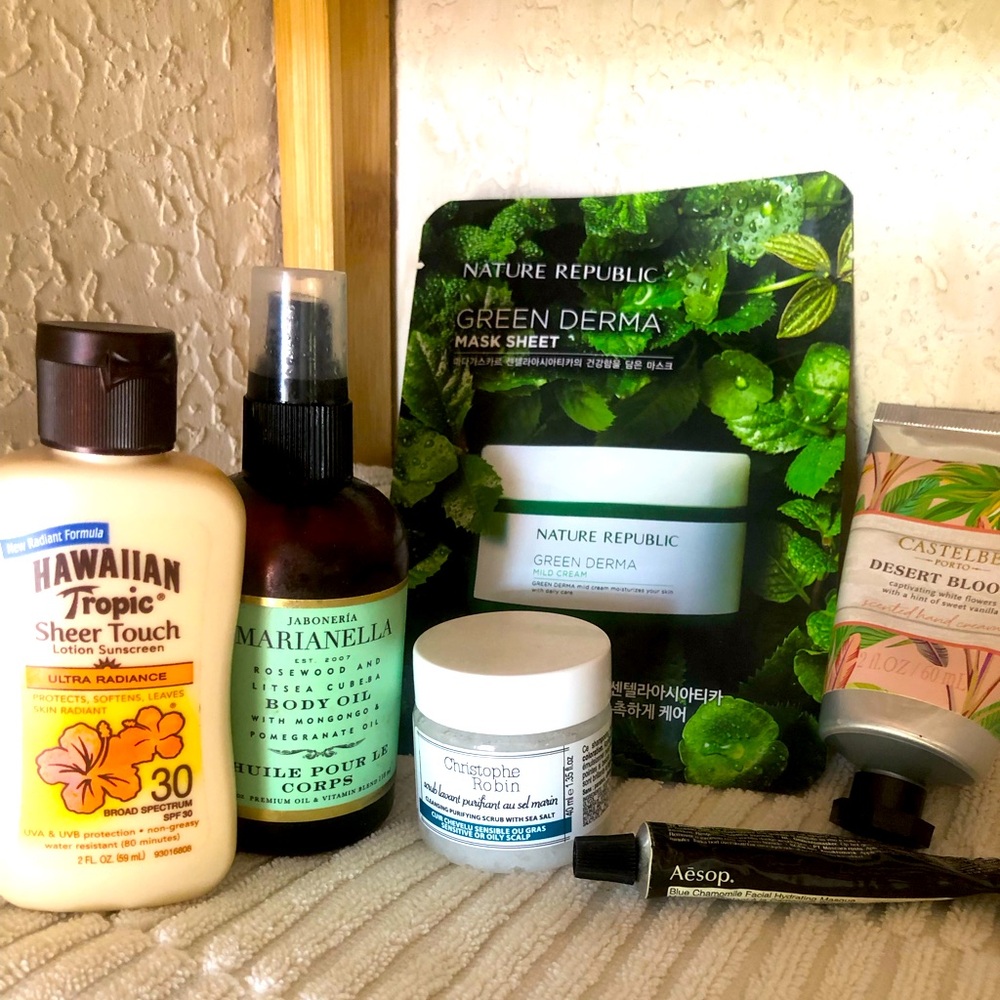 Travel sz spa bundle: face masks, body oil, hand cream, sunscreen, & scalp scrub